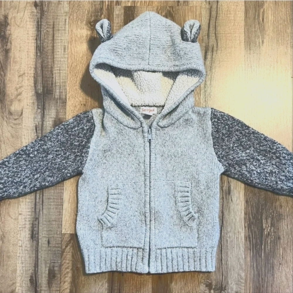 Cat & Jack Bear Mouse Ear Sherpa Lined Hooded Sweater Jacket Unisex 18 Months